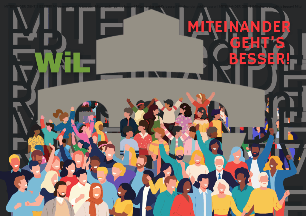 Bunte Menschen vor dem WiL Logo mit dem Text Miteinander geht's besser